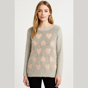 Women's Rhapsody Grey Pink Heart Fuzzy Crew Neck Sweater M